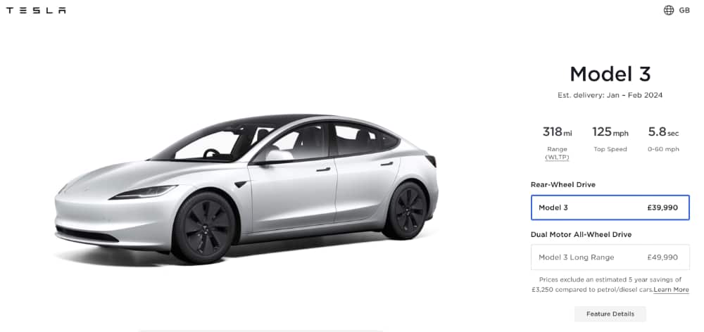 Tesla model 3 dec 2023 uk price