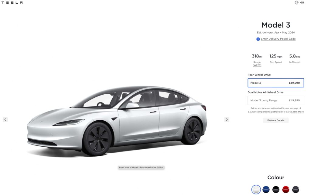 tesla model 3- march 2024 uk price